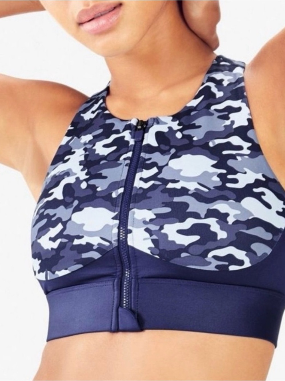 Fabletics High Impact Navy Blue & Gray Camo Front-Zip Sports Bra